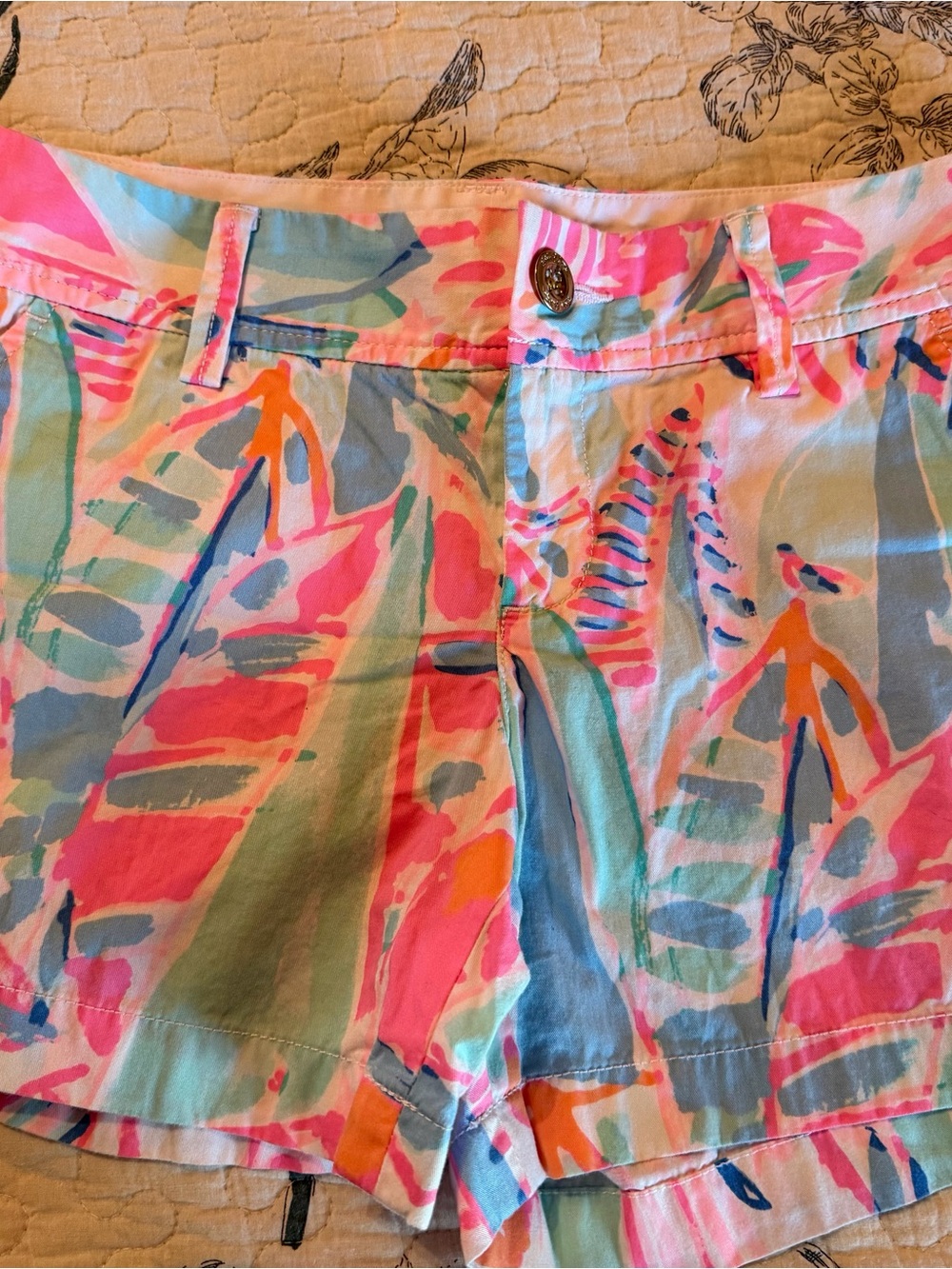 Callahan Tropical Leaf Print Jean Shorts in Pink, Aqua & Orange
